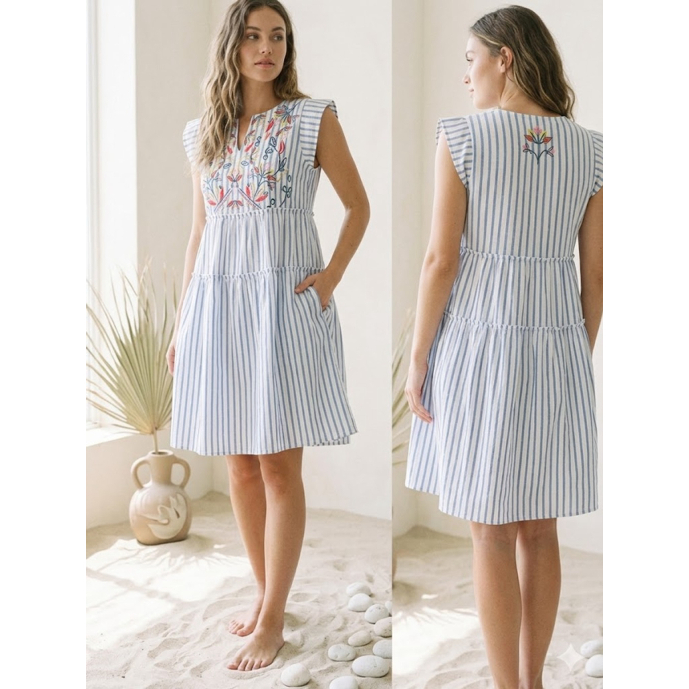 Handmade Coastal Dress Blue White Stripe Cotton Floral - Picture 2 of 12